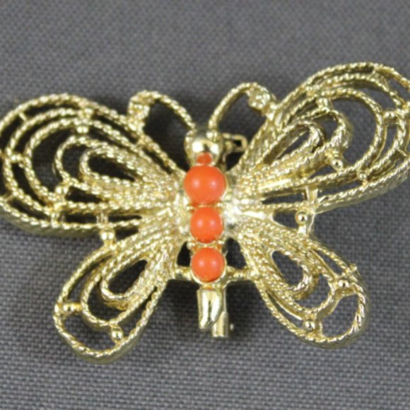 VTG butterfly brooch signed Gerrys goldtone with coral beads - Picture 2 of 8
